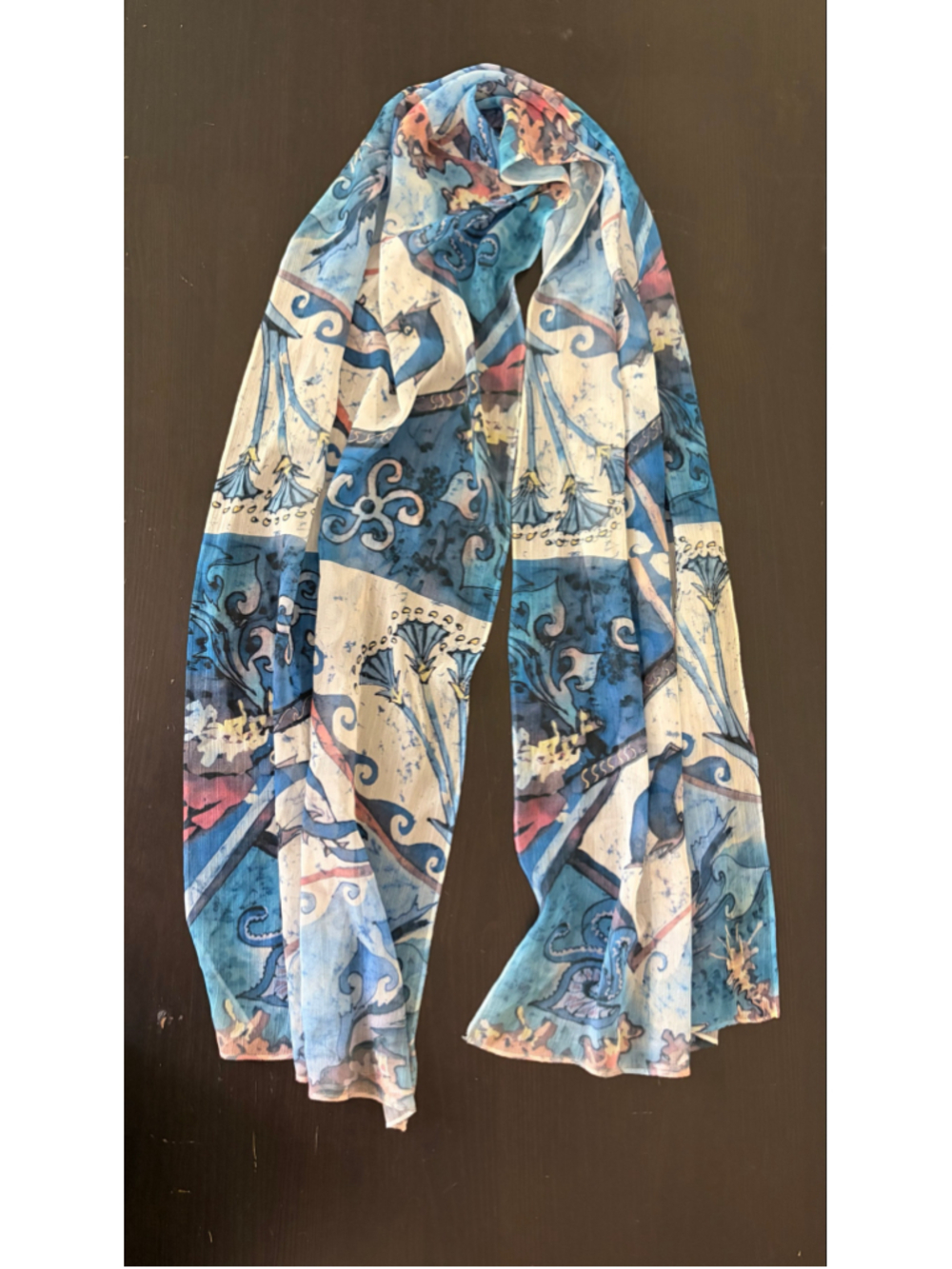 CM Batik Blue Ancient Greek Motif Chiffon Scarf Made in Greece Lightweight Wrap